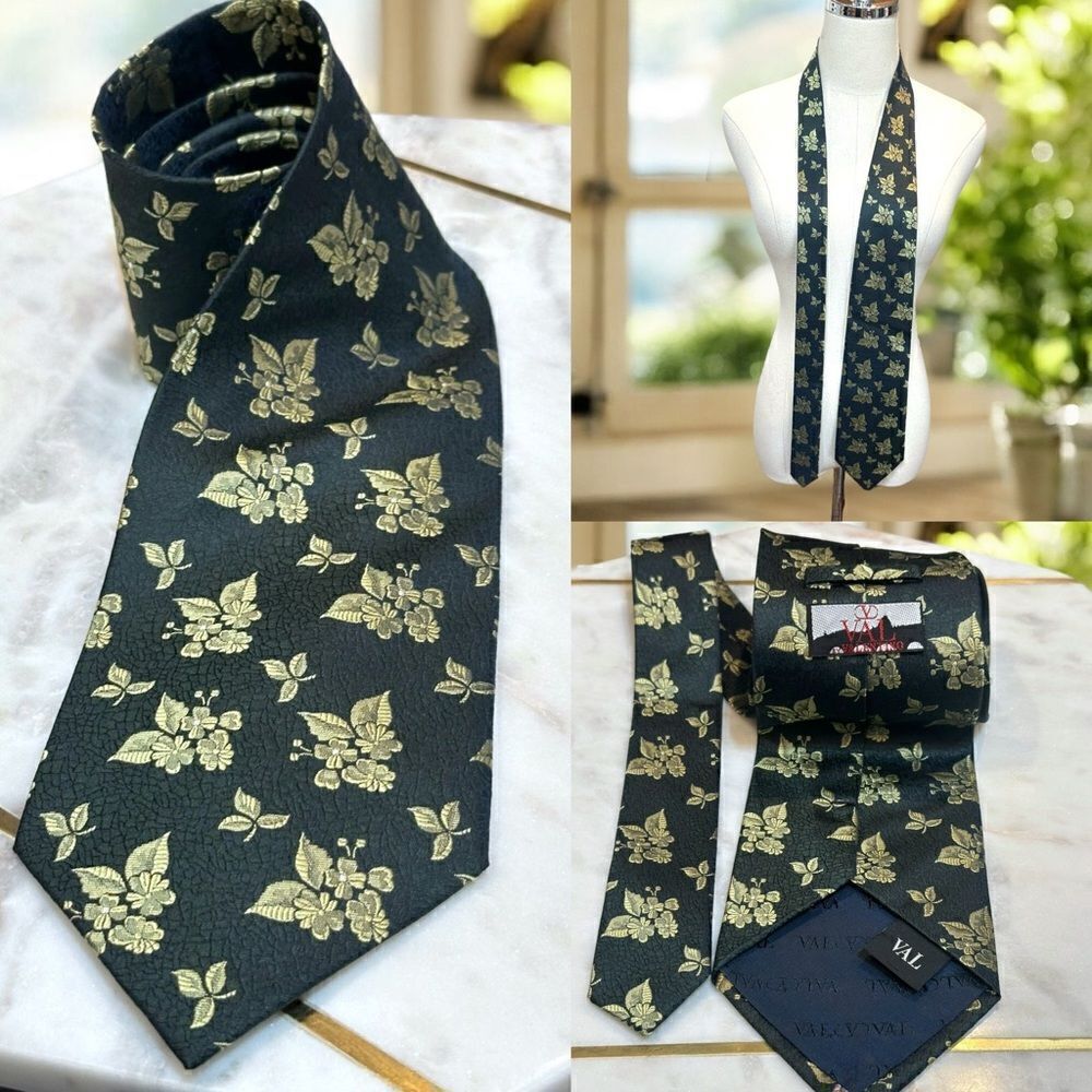 🔥 Valentino 100% Silk Floral Gold Accents Tie